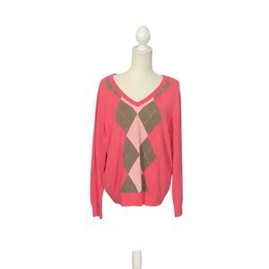 IZOD Women’s Salmon Pink Cotton Argyle Knit Long Sleeve Sweater V Neck Size 1X